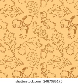 Abstract autumn pattern with oak leaves and nuts. Vector oak leaves and acorns drawn with lines. Autumn background for fabric, decoration, banners, discounts and congratulations.