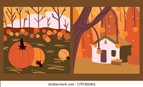 Resumen de la colección de afiches de otoño. Conjunto de plantillas de impresión de arte contemporáneo. Fondos naturales con casa de campo, árboles, cosecha, calabazas, persimón, campo.
