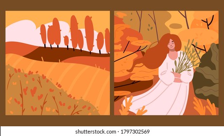 Abstract autumn poster collection. Set of contemporary art print templates. Natural backgrounds with girl, forest, fields, flowers, leaves, nature, harvest.