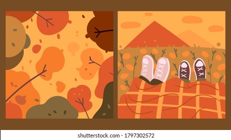 Abstract autumn poster collection. Set of contemporary art print templates. Natural backgrounds with couple, blanket, sneakers, leaves, mountains, landscape, flowers.