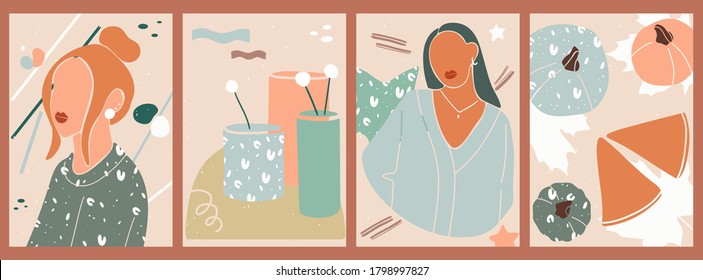 Abstract autumn poster collection. Set of female shapes and silhouettes. Abstract fashion woman portrait with with a pattern of different shapes. Minimalist background with vases, pumpkins, maple leaf
