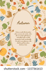 Abstract autumn poster with text in oval frame leaves animals and traditional seasonal icons vector illustration