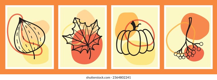 Abstract autumn posters. Modern minimalistic organic shapes with, leaves, physalis, pumpkin, viburnum sprig. Graphic vector illustration