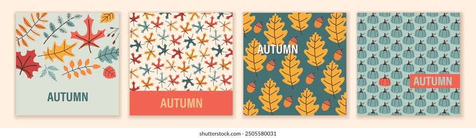 Abstract autumn posters set in trendy flat design. Hand drawn leaves, plants in minimal style. Falling season concept vector illustration. Cover, card or social media design.
