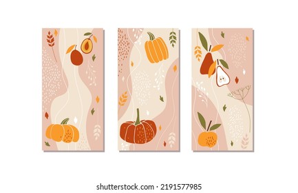 Abstract autumn print set. Fall poster with apple, pears, pumpkin, plum, plant in autumn colors. Trendy collage style For wall art, postcard, cover design, poster, brochure, greeting card template.