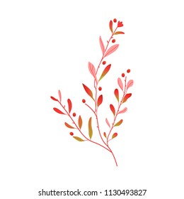Abstract autumn red plant flower with blossoms icon. Meadow, garden romantic wedding invitation card, autumnal seasonal holiday, harvest decoration element. Floral vector illustration isolated
