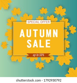 Abstract autumn sale background with falling leaves for special offer or promotion discount poster with frame for text and logo. Promo banner with pattern in autumn colors theme. Vector illustration.
