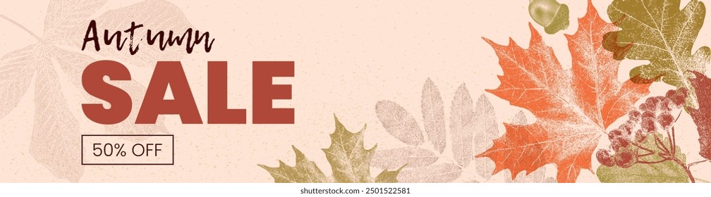 Abstract Autumn SALE grainy background with foliage and typography. Autumn banner with photocopy effect. Vector template with colorful leaves for poster, flyer, advertisement, header of website.