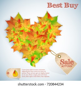 Abstract autumn sale template with birch leaves shape heart and price tag on blue background vector illustration