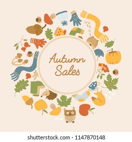 Abstract autumn sales poster with text in round frame and colorful seasonal icons and elements vector illustration