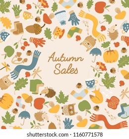 Abstract autumn sales template with inscription and colorful seasonal elements on light background vector illustration