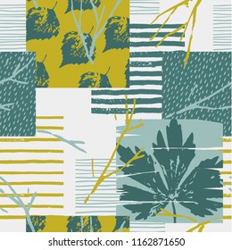 Abstract autumn seamless pattern with leaves. Vector background for various surface. Trendy hand drawn textures.