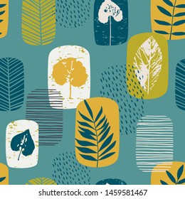 Abstract autumn seamless pattern with leaves. Vector background for various surface. Trendy hand drawn textures.