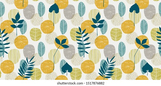 Abstract autumn seamless pattern with leaves. Vector background for various surface. Trendy hand drawn textures.