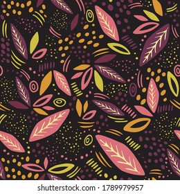 Abstract autumn seamless pattern with leaves. Vector black background for various surface. Trendy hand drawn textures. Illustration. Mexiko