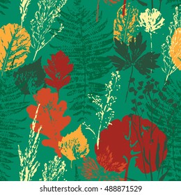 Abstract autumn seamless pattern with leaves. Vector background for various surface. Trendy hand drawn textures.