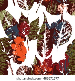 Abstract autumn seamless pattern with leaves. Vector background for various surface. Trendy hand drawn textures.