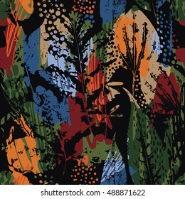 Abstract autumn seamless pattern with leaves. Vector background for various surface. Trendy hand drawn textures.