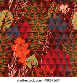 Abstract autumn seamless pattern with leaves. Vector background for various surface. Trendy hand drawn textures.