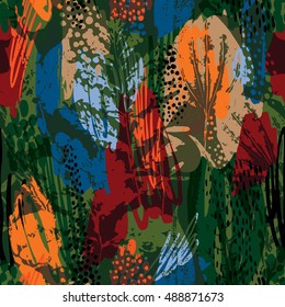 Abstract autumn seamless pattern with leaves. Vector background for various surface. Trendy hand drawn textures.