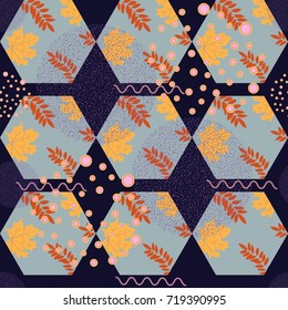 Abstract autumn seamless pattern with leaves and design elements. Vector illustration. Mosaic and geometric motifs.