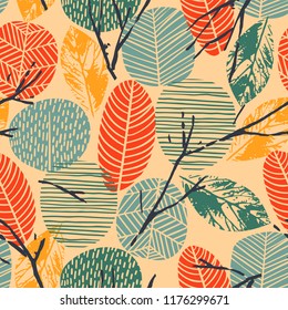 Abstract autumn seamless pattern with trees. Vector background for various surface. Trendy hand drawn textures.