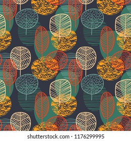 Abstract autumn seamless pattern with trees. Vector background for various surface. Trendy hand drawn textures.