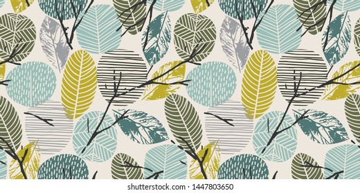 Abstract autumn seamless pattern with trees. Vector background for various surface. Trendy hand drawn textures.