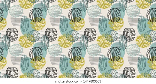 Abstract autumn seamless pattern with trees. Vector background for various surface. Trendy hand drawn textures.