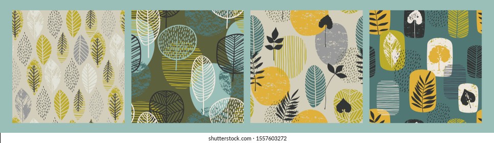 Abstract autumn seamless patterns with leaves. Vector background for various surface. Trendy hand drawn textures.