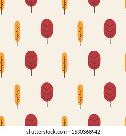 Abstract autumn seamless vector background stylized nature illustration. Red orange yellow abstract fall tree pattern flat cartoon style. Retro Scandinavian design for fabric, packaging, Thanksgiving