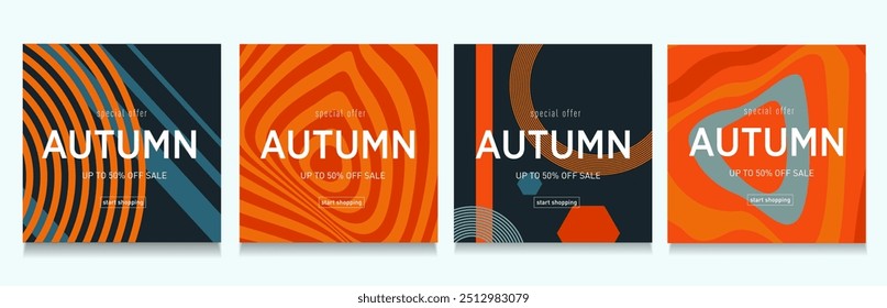 Abstract Autumn Set. Gradient Design with Circles, Lines, Ovals, Rectangles in Brown, Orange, Green, Red Colors. Sale Offer 50%. Art Background for Web, Social Media, Posters, Banners, Covers.