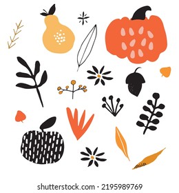 Un conjunto de otoño abstracto con formas y elementos dibujados a mano. Calabaza, manzana, hojas de peras, roble, flores. Diseñado para publicidad de tarjetas de felicitación de papel tapiz
