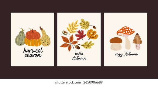 Abstract autumn simple posters collection. Hello Autumn. Background for greeting card, poster, flyer, cover. Nature cartoon illustration with ripe pumpkins, autumn leaves, forest mushrooms