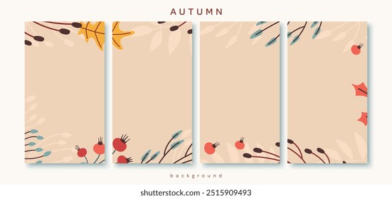 Abstract autumn social media post templates set with collage element of simple trendy style. Collection of backgrounds in flat design. Concept  of posters with fall leaves, plants. 

