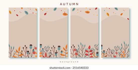 Abstract autumn social media post templates set with collage element of simple trendy style. Collection of backgrounds in flat design. Concept  of posters with fall leaves, plants. 

