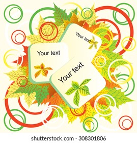Abstract autumn texture with maple leaves, hollow circles and a scattering of buttons