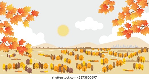 Abstract autumn theme color trees mountains clouds sun town banner design. Vector illustration.