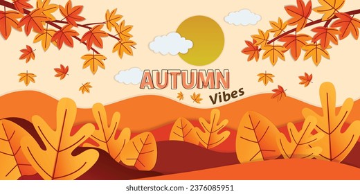 Resumen del diseño de pancartas de corte de papel de las nubes solares del árbol de temática otoñal. Ilustración vectorial.