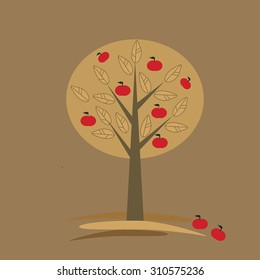 Abstract autumn tree with apples, template for card, brown background