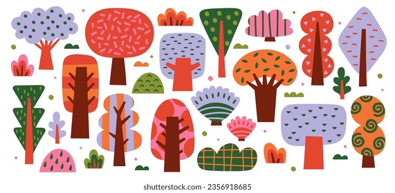 Abstract autumn tree and bush, garden, forest and park vegetation design element isolated doodle set on white background. Autumnal outdoor environment fall season coniferous and deciduous plants