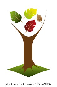 Abstract autumn tree illustration with autumn colors - minimalistic designed background with a tree and leaves, vector stock image.