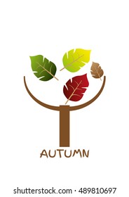 Abstract autumn tree illustration with autumn colors - minimalistic designed background with a tree and leaves, vector stock image.