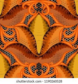 Abstract autumn vector 3d seamless pattern. Floral ornamental grid lattice background. Doodle hand drawn swirls. Decorative paisley flowers in yellow orange brown color. Gold textured lace backdrop.