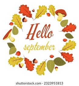 Resumen vector otoño. Marco de tonos cálidos y luminosos, hola otoño. Cartel de afiche aislado en un fondo blanco. Septiembre. hojas de otoño