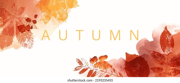 Abstract autumn watercolor art. Bright warm colors, fall leaves, trees, sky,clouds. Frame, background for text.