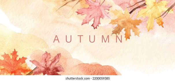 Abstract autumn watercolor art. Bright warm colors, fall leaves, trees, sky,clouds. Frame, background for text.