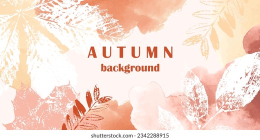 Abstract autumn watercolor art. Bright warm colors, fall leaves stamps. Frame, background for text.