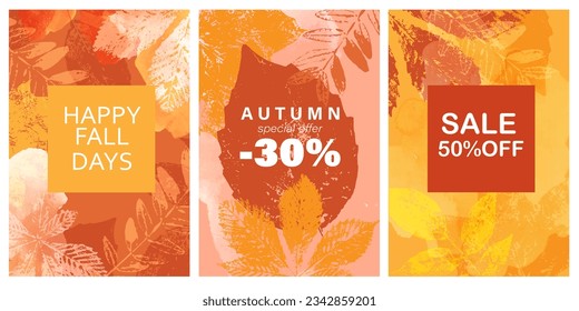 Abstract autumn watercolor art. Bright warm colors, fall leaves stamps. Frame, background for text. Sale promotion template