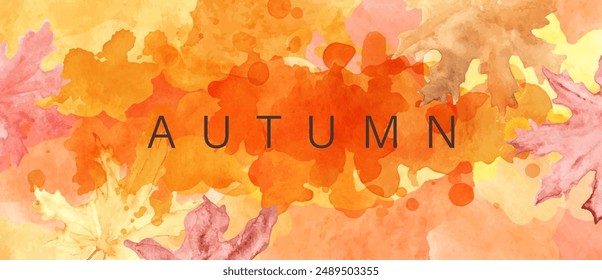 Abstract autumn watercolor art. Bright warm colors, fall leaves, trees, sky. Frame, background for text.